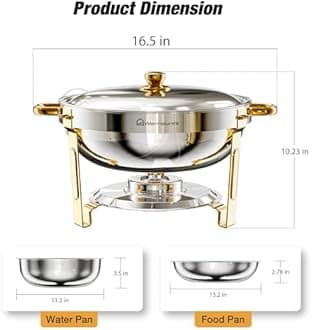 WARMOUNTS Gold & Silver Chafing Dishes for Buffet (5QT, 6 Pack) - Food-Grade Stainless Steel Chafers and Buffet Warmers Sets with Lid Holder, Rolled Edge Design, for Party, Banquet