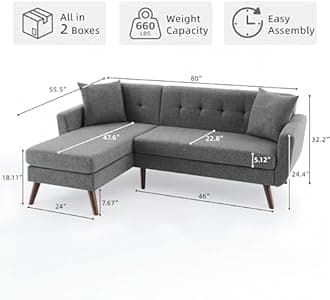 Tbfit L Shaped Couch Sofa, 80" W Mid-Century Modern Sectional Couches, 3 Seater Sofas with Wide Chaise Lounge, Button Tufted Upholstered Sectional Sofa for Living Room, Bedroom, Gray | linen fabric, button tufted, solid wood foot, pocket spring, wood slats frame