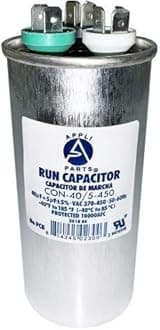 Appli Parts Dual Run Capacitor for ac 40+5 Mfd uF (microfarads) 370 VAC or 450 VAC CBB65 Round Universal fit for hvac and other applications 4-3/4 in High 2 in Wide CON-40/5-450