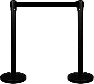 – Queue Barrier with 3Meter Retractable Belt | Black Crowd Control Post with Weighted Base | 4-Way Connectable Stanchion with Powder-Coated Iron Finish for Queue Management & Events - Set of 2