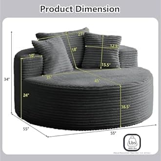 55''L Oversized Round Chaise Longue Chair Indoor, Corduroy Sponge Single Sofa, Oversized Round Chairs, Modern Sleeper Chair for Living Room,Projection Room, Wide Armrest ChairsDark Grey
