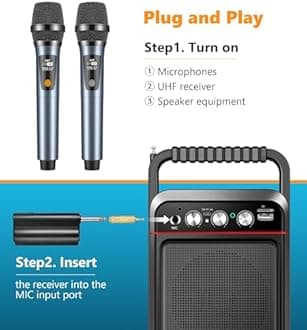 UHF Wireless Microphones, Rechargeable Dual Handheld Microphones with 1/4" Receiver, Adjustable Frequency & Volume, Plug-and-Play for Karaoke Singing, Outdoor Events, PA Systems