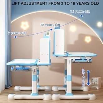 Children Adjustable Desk and Chair Set, Study Table for Kids, kids writing desk, Pink Home School Writing Desk with Drawers and Storage Compartments, Reading/Learning/Writing for Girls (Blue-C)