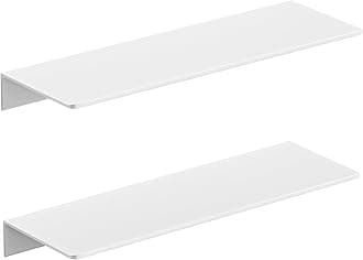 Glossy White Metal Floating Wall Shelves set of 2, No Drilling, Aluminum Adhesive Shelf, Dispaly Wall Ledge for Home Decor & Storage, Idear for Living Room, Bedroom, Bathroom