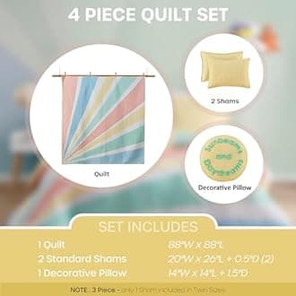 Urban Habitat Kids Quilt Set for Kids, Vibrant Sunburst Rainbow Coverlet for Queen Size Bed Set, Confetti Printed Reversible Lightweight Cotton Quilt Bedding Set, Rory, Full/Queen Yellow 4 Piece