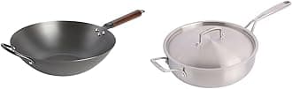 Carbon Steel Flat Bottom Wok and Stir Fry Pan, 14-Inch & Tri-Ply Stainless Steel Professional Grade Saute Pan w/Lid, 5-Quart