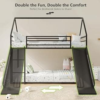 Tufons Metal Bunk Bed with Convertible Slide & House Roof Design - Twin-Over-Twin Low Frame | Full Guardrail, Montessori Style (Black)