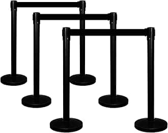 Queue Barrier with 3Meter Retractable Belt | Black Crowd Control Post with Weighted Base | 4-Way Connectable Stanchion with Powder-Coated Iron Finish for Queue Management & Events - Set of 6