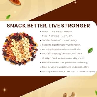 Go Vegan Healthy Nutmix 1Kg, Dried Almonds, Black Raisins, Cashewnuts, Cranberries, Black Dates & Many More Pack of 2 (500g Each Jar)