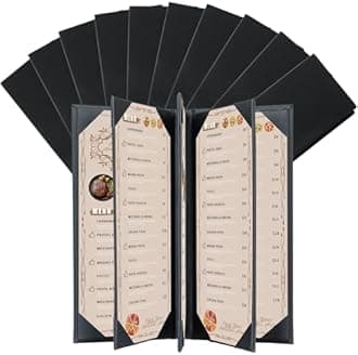 FLKQC Restaurant Menu Covers Holders 4.25" x 11" | 10 Pack 8 View Synthetic Leather Menu Holder Black for Wine List, Drinks, Commercial Menu Holder (10, Five Fold Panels (4.25 x 11 inch))