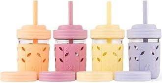 Elk and Friends Kids + Toddler Glass Cups | The Original 8oz Glass Mason Jar with Sleeves + Lids | Silicone Straws + Stopper | Smoothie Cup | Food Storage | Spill Resistant | Dishwasher Safe | 4 Pack