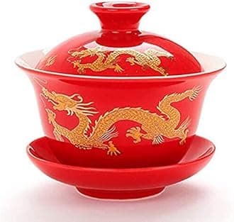 Porcelain Kung Fu Tea Cup and Saucer with Lid, Chinese Traditional Gaiwan Sancai Tea Bowl Tea Set Dragon Pattern (Red (Slightly Bigger))