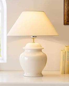 Homesake Ceramic Table Lamp for Living Room, Bedside, Bedroom & Study | Nightstand | Modern Decorative Night Lamp with Shade for Home Decor, Office | Plug-in Table Lighting, with Bulb, 1 Pcs (White)