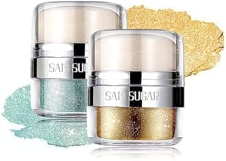 Afmicat Body Shimmer Powder, 2PCS Body Glitter Powder with Sponge Head, 3D Contour & Long Lasting Luminous, Glow Highlighter Makeup for Face, Eyes, Hair, Perfect for Daily, Party (Cyan/Gold)