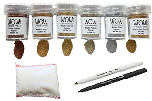 Embossing Starter Kit Bundle - 6 Embossing Powders, 1 Bye Bye Static Pad and Two Ranger Embossing Pens (Black/White pens)