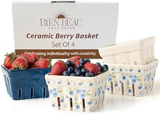 Ceramic Berry Basket, Farmhouse Colander, Farmers Market square Bowl. Rustic Kitchen decor fruit bowls, Fruit Baskets, Bleu White and Blueberry pattern Stoneware Harvest Bowls Set of 4