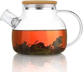 Glass Teapot with Bamboo Lid, Glass Kettle Stovetop & Microwave Safe, Removable Filter Spout for Loose Leaf and Blooming Tea and Fruit Tea (Tea Pot with Wooden Lid & Filter Spout - 1000ml)