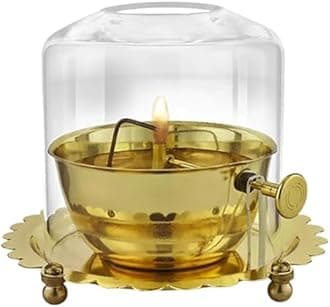 Golden Brass Akhand Diya Oil Lamp for Poojaghar| Size: 6X5.5 Inches with Lifting Screw Wick Holder and Borosilicate Glass Cover,Lid for Jyoti Lighting, Perfect for Diwali & Home Decor
