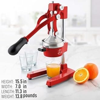 Zulay Kitchen Cast Iron Juicer - Easy-to-Clean Heavy-Duty Manual Juicer, Professional Citrus Juicer - Stainless Steel Lemon Squeezer - Manual Citrus Press & Orange Squeezer - Orange Juicer (Red)