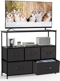 DUMOS TV Stand Dresser for Bedroom Entertainment Center with 5 Fabric Drawers Storage Organizers Units, Media Console Table with Open Shelf up for 45" Television for Living Room, Dorm, Classic Black