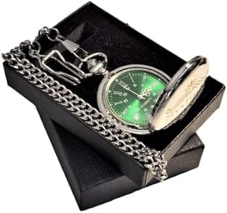 Engraved Rose Gold pocket watch, Green dial with Roman numerals, comes with the chain, fitted box and engraving. Vintage style pocket watch personalized