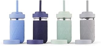 Elk and FriendsKids & Toddler Cups | The Original Glass Mason jars 12 oz with Silicone Sleeves & Silicone Straws | Smoothie Cups | Spill Proof Cups