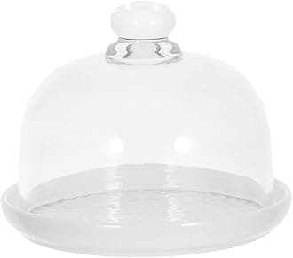 Ceramic Cake Stand with Glass Dome Cover White Ceramic Cake Plate Server Round Clear Glass Dome Dessert Plate for Home Kitchen Party Use, 5.9 x5.9 x 4.7 inches