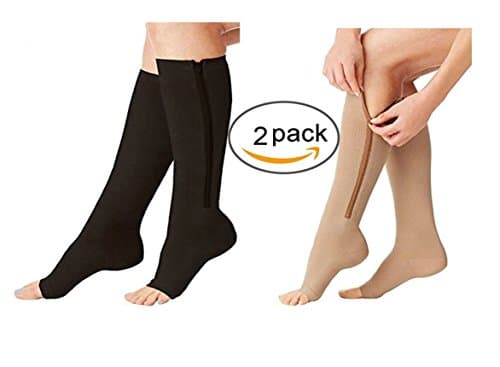 iEase 2 Pairs Compression Socks Open Toe Leg Support Stocking Knee High Socks with Zipper 15-20 mmHg