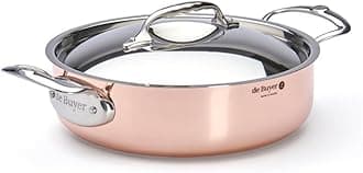 De Buyer 6441.24 Inocuivre Sauté Pan with 2 Cast Stainless Steel Handles and Lid, 2 mm Thick, 24 cm Diameter