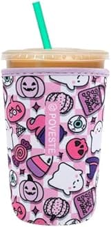Reusable Neoprene Insulator Sleeve for Iced Coffee & Cold Soda, Coffee Sleeves for Iced & Hot Drinks, Cold Beverage Cooler Compatible with Starbucks, Dunkin (Checkerboard Halloween, Medium: 22-24oz)