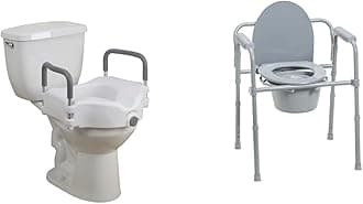 Drive Medical RTL12027RA 2-in-1 Raised Toilet Seat with Removable Padded Arms, Standard Seat & 11148-1 Folding Steel Bedside Commode Chair, Portable Toilet, Supports Bariatric Individuals