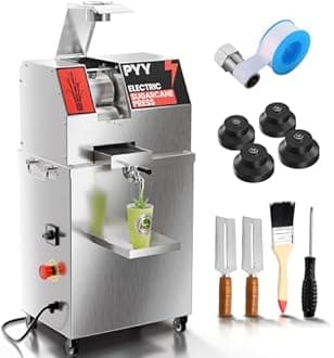 PYY Sugar Cane Juicer Machine - Commercial Electric 3-Rollers Sugarcane Juice Press Stainless Steel Extractor, Guarapera de Caña de Azúcar Eléctrica with 4 Wheels, Cleaning Brush, 2 Peelers