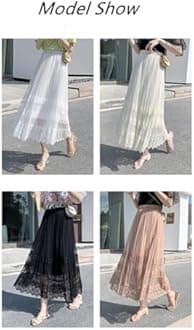Sigdio Women Midi Skirt Elastic High Waist Lace Tulle Skirt Pleated Skirt