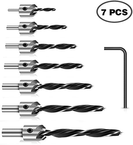 7PCS Countersink Drill Bit,HSS Drill Bit Set with One Hex Key Wrench and Adjustable Woodworking Chamfering Counter Bits Carpentry Reamer Plated Perfect for Plastic Wood DIY, 3-10mm