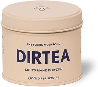 Dirtea Lion's Mane Oganic Mushroom Powder – Enhances Focus, Memory & Digestion. 60g Tin with 30 Servings and Serving Spoon. 100% Pure Lions Mane Powder for Wellness.