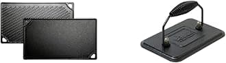 LDP3 Reversible Grill/Griddle, 9.5-inch x 16.75-inch & LGP3 Rectangular Cast Iron Grill Press, Pre-Seasoned, 6.75-inch x 4.5-inch