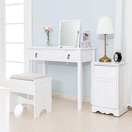 White Dressing Table and Stool, Bedroom Makeup Vanity Table with Square Mirror, Modern Dressing Table Set with Ample Storage, for Girls, Women
