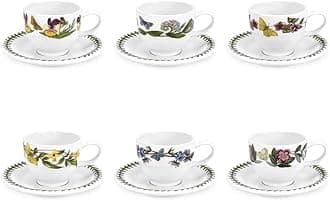 Botanic Garden 3.5oz Espresso Cup & Saucer Set – 6 Porcelain Cups with Nature-Inspired Floral Designs for Coffee & Tea, Small Drinkware for Espresso Bars, Cafes & Table Settings
