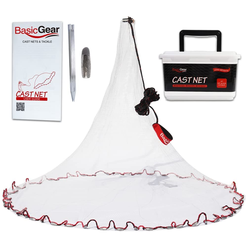 BasicGear Cast Net | Lead, 3ft-12ft Radius, 3/8 or 1/4 inch Mesh for Freshwater and Saltwater Bait Fish| Professional Grade and Upgraded Material | Throw Style