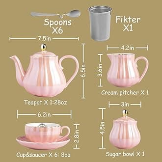 Sweejar Porcelain Tea Sets British Royal Series, 8 OZ Cups& Saucer Service for 6, with Teapot Sugar Bowl Cream Pitcher Teaspoons and tea strainer for Tea/Coffee, Pukka Home (Coral White)