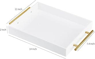 Glossy White Acrylic Lucite Serving Tray with Metal Handles,No Need to Assemble,11x14 Inch,Decorative Storage Organizer with Spill-Proof Design,Serving for Coffee,Breakfast,Dinner and More