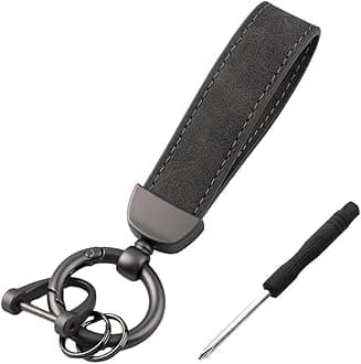 Kewucn Genuine Leather Car Keychain, Universal Heavy Duty Metal Auto Key Fob Holder with Anti Lost D-Ring for Men Women (Black-Gray)