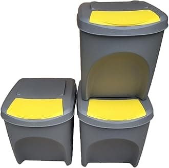 Stolmet Large Stackable Recycling Bins Set of 3x25L (Brand KrysGo) - Customizable Lids with Recycling Stickers - Waste Sorting for Home, Kitchen, Office (Grey + Yellow)