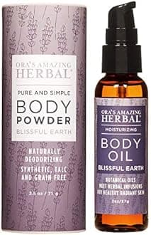 Ora's Amazing Herbal Talc Free Powder and Body Oil, Lavender Bath Set, After Shower Set, Blissful Earth Scent With Lavender Vetiver and Clary Sage, Intertrigo, Natural Skin Care