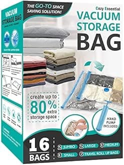 Space Saver Storage Bags, (2 Jumbo/2 Large/3 Medium/3 Small/6 Roll) Compression Vacuum Sealer Bags for Comforters, Blankets, Clothes Storage, Hand Pump Included, 16 Pack