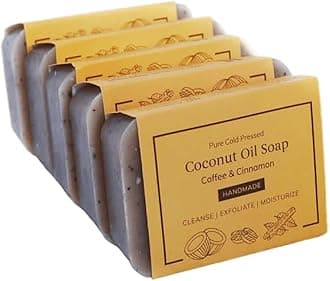 Handcrafted Cold Pressed Coconut Oil Soap With Exfoliating Organic Arabica Coffee & Cinnamon Essential Oil (60 x 5 = 300 g) Pack of 5