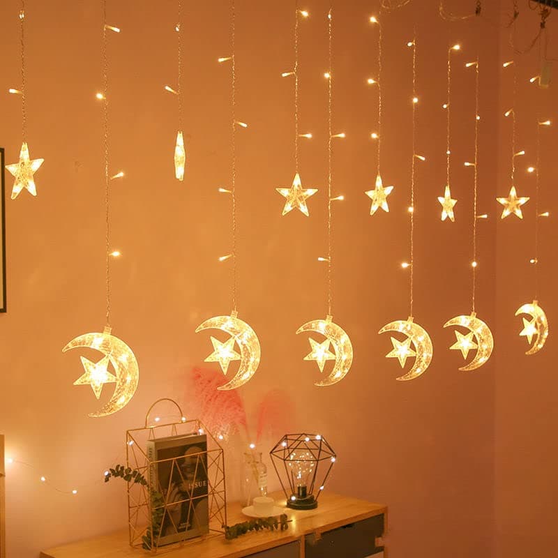 Ramadan lights LED Star Curtain String Lights, Window Curtain String Light Moon Star String Light for Ramadan Wedding Party Home Garden Bedroom Decorations-EU plug(Warm White)