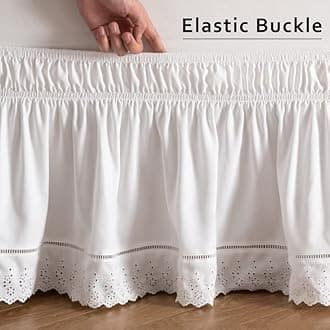 MIYE Wrap Around Ruffled Lace Bed Skirt, Elastic Dust Ruffle with Adjustable Belts, Easy to Put On, Bed Frame Cover, Machine Washable (Embroidered/White, Full/Twin-22 Drop)