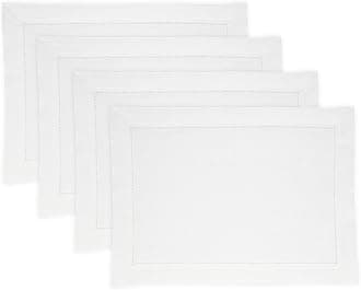 Solino Home Linen Cloth Placemats Set of 4-100% Pure Linen Medium Weight Hemstitch White Placemats 14 x 19 Inch - Handcrafted and Machine Washable Table Place Mats for Mothers Day, Spring, Easter