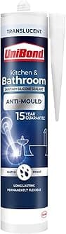 Unibond Bath & Kitchen Mould-Resistant, Transparent Silicone Sealant, Silicone-Based Sanitary Sealant, Waterproof Caulk, 1 x 280ml Cartridge